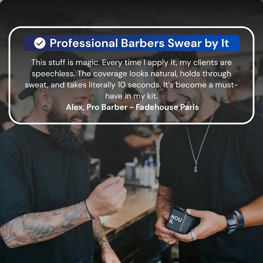 Professional barber testimonial for hair density filler powder, highlighting its natural coverage, sweat resistance, and fast 10-second application.