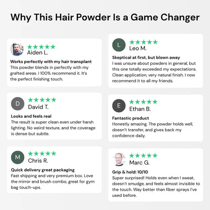 Five-star customer reviews and testimonials for hair density filler powder, highlighting its natural finish, strong hold, and great coverage