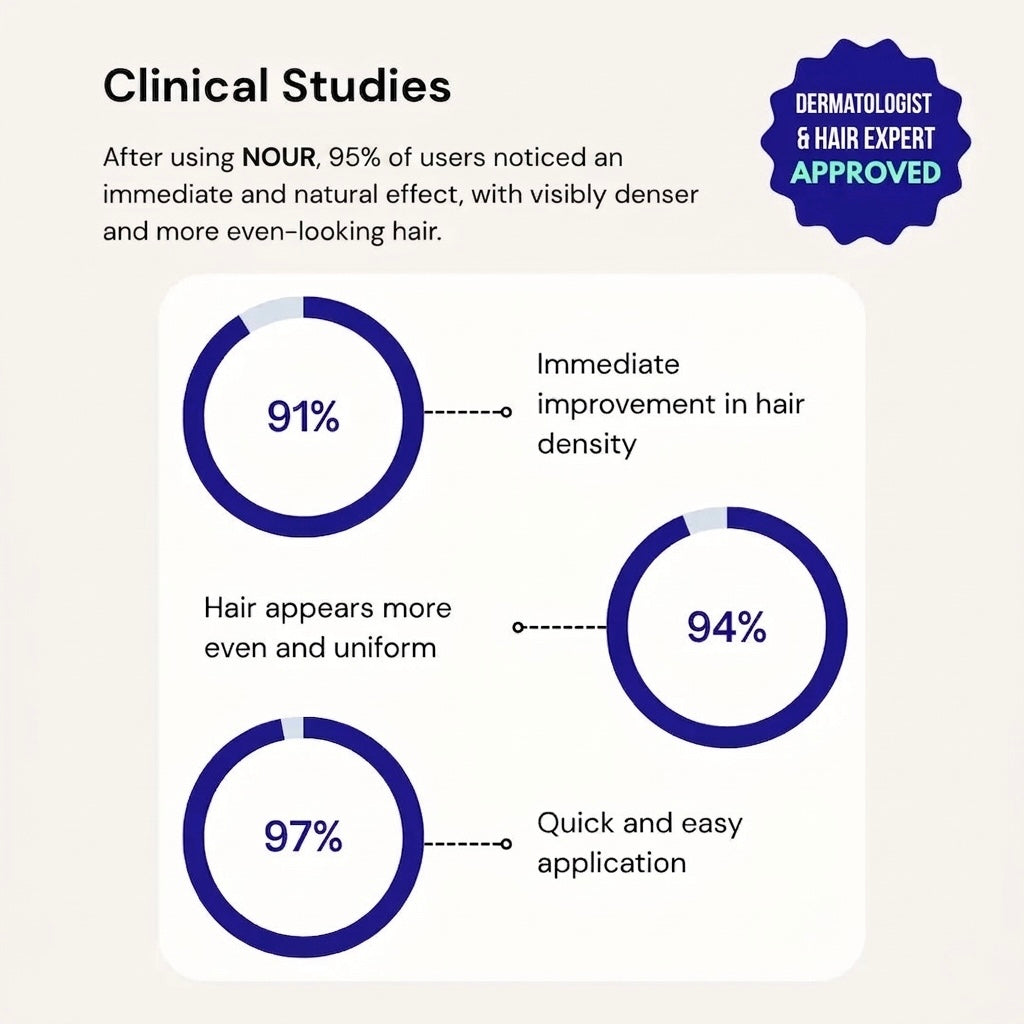 Clinical study results for hair density filler powder, showing high user satisfaction rates for immediate hair density improvement, uniform appearance, and ease of use