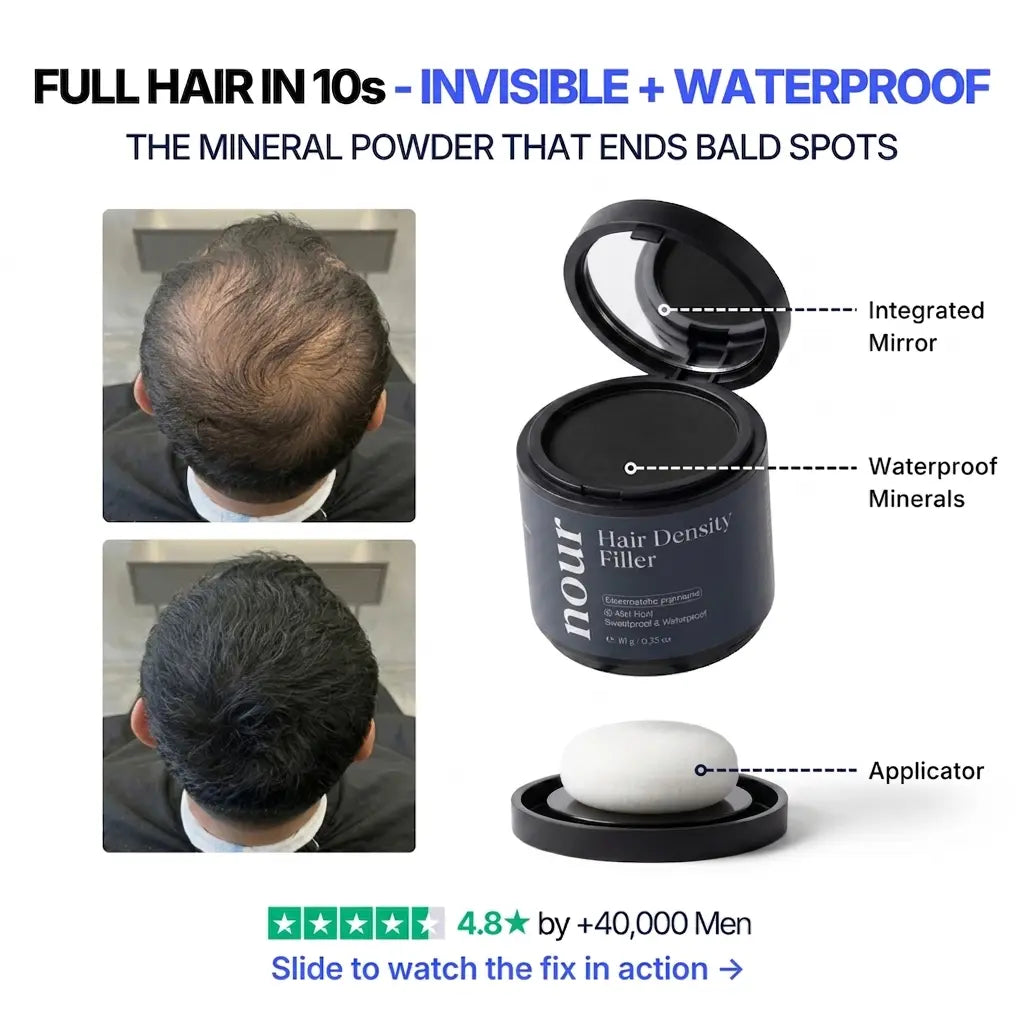 Before and after comparison of hair density filler powder showing improved coverage on thinning areas, featuring the product packaging with an integrated mirror and applicator.