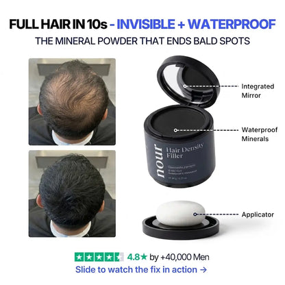 Before and after comparison of hair density filler powder showing improved coverage on thinning areas, featuring the product packaging with an integrated mirror and applicator.