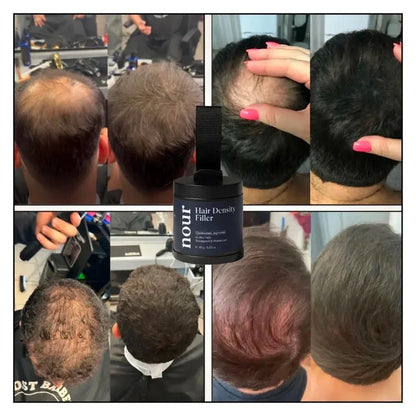 Hair density filler powder, showing effective coverage for thinning hair and bald spots on various users.