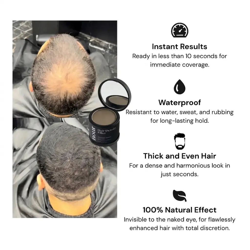 Product benefits of hair density filler powder, highlighting its waterproof, long-lasting formula for instant, natural-looking hair volume