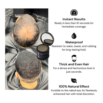 Product benefits of hair density filler powder, highlighting its waterproof, long-lasting formula for instant, natural-looking hair volume