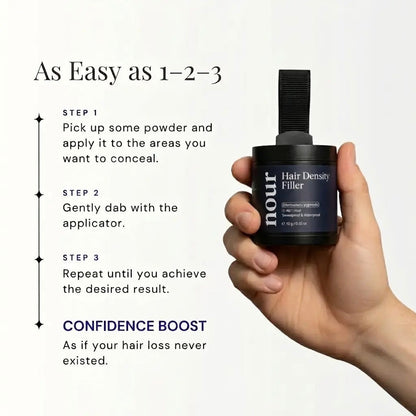 A three-step guide on how to apply hair density filler powder to conceal thinning hair and boost confidence.