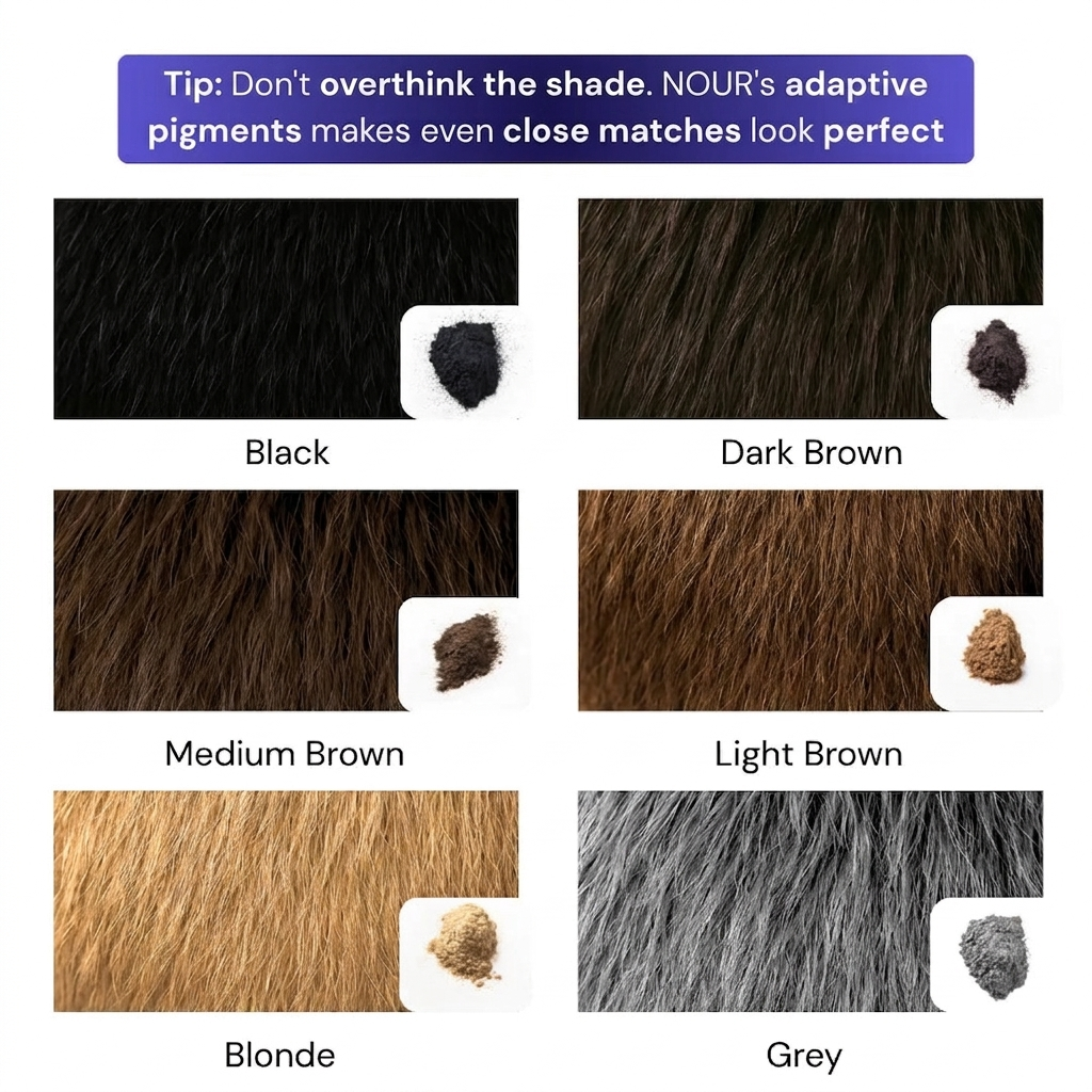 Color chart for hair density filler powder, showcasing available adaptive shades from black and brown to blonde and grey for natural-looking hair coverage